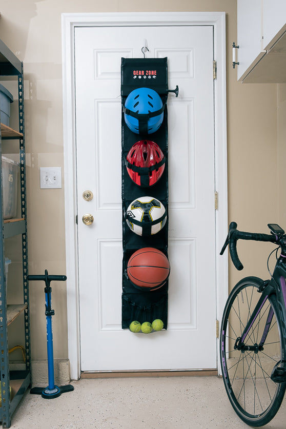 Ball storage and helmet organizer